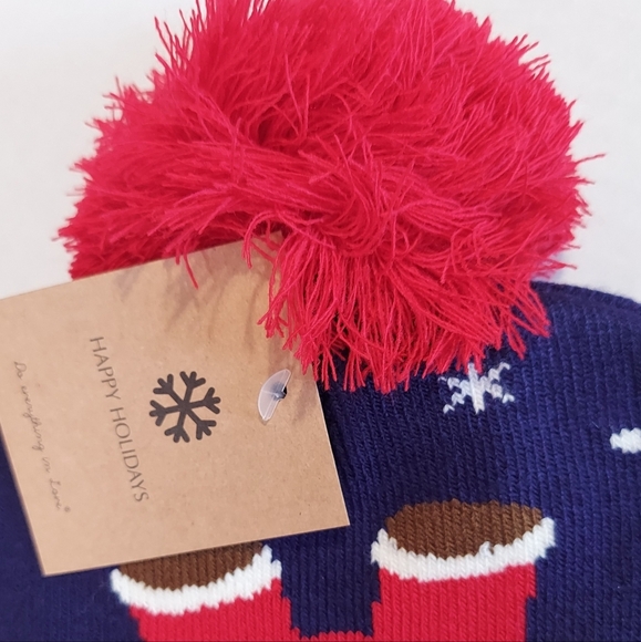 Christmas Beanie Hat Women Men Knit Navy Blue Pom Christmas Hat Beanie Winter - Picture 10 of 12